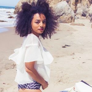 WHIT New York Petal Blouse Flutter Cape Lattice Grid Organza Sheer Cropped